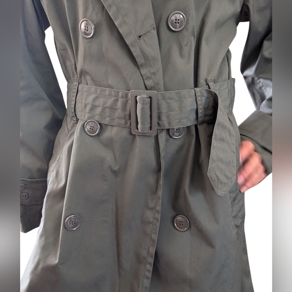 Vintage 80s Army Green Trench Coat Belted Military Raincoat Minimalist Utility - Picture 4 of 9